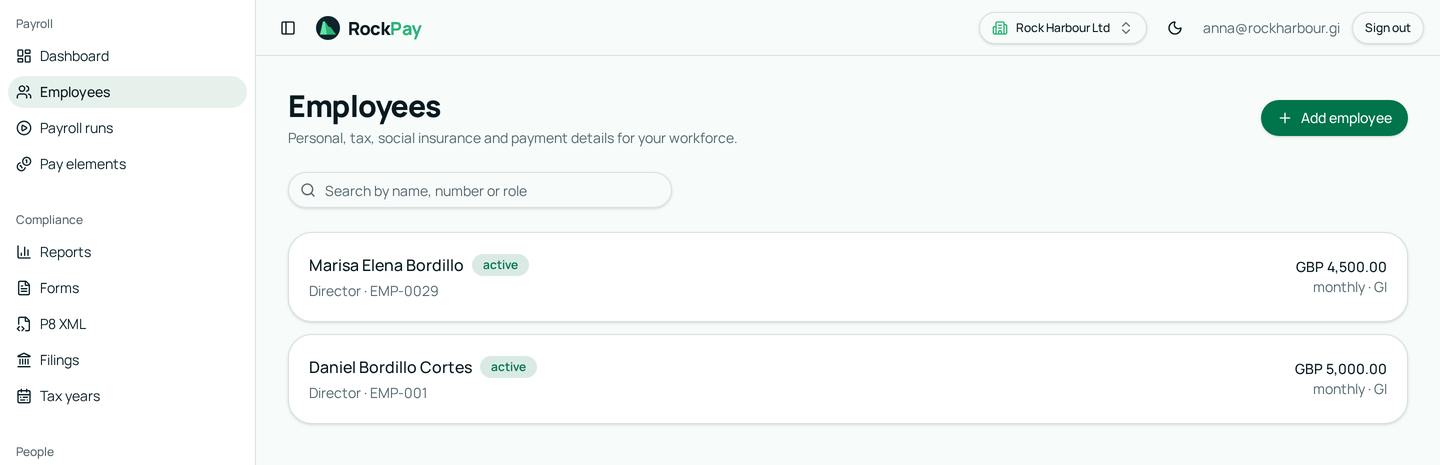RockPay employee directory with tax and pay details