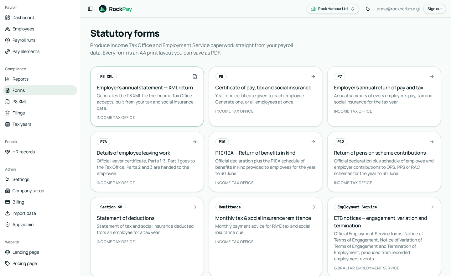 RockPay statutory forms library with P7, P7A, P8, P10, P12 and Employment Service notices