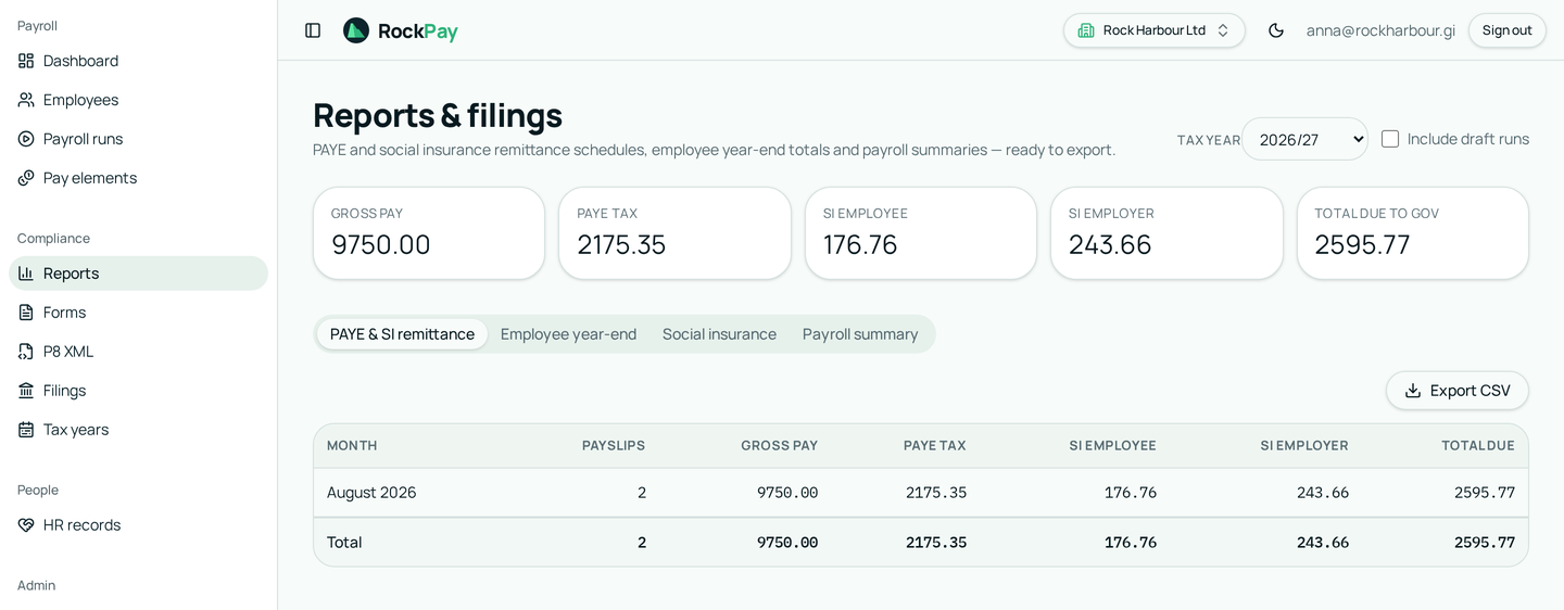 RockPay PAYE and social insurance remittance report